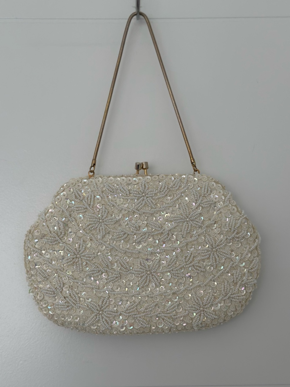 Ivory Sequin & Bead Evening Clutch with Gold Chain Strap Kislock Handmade in HK